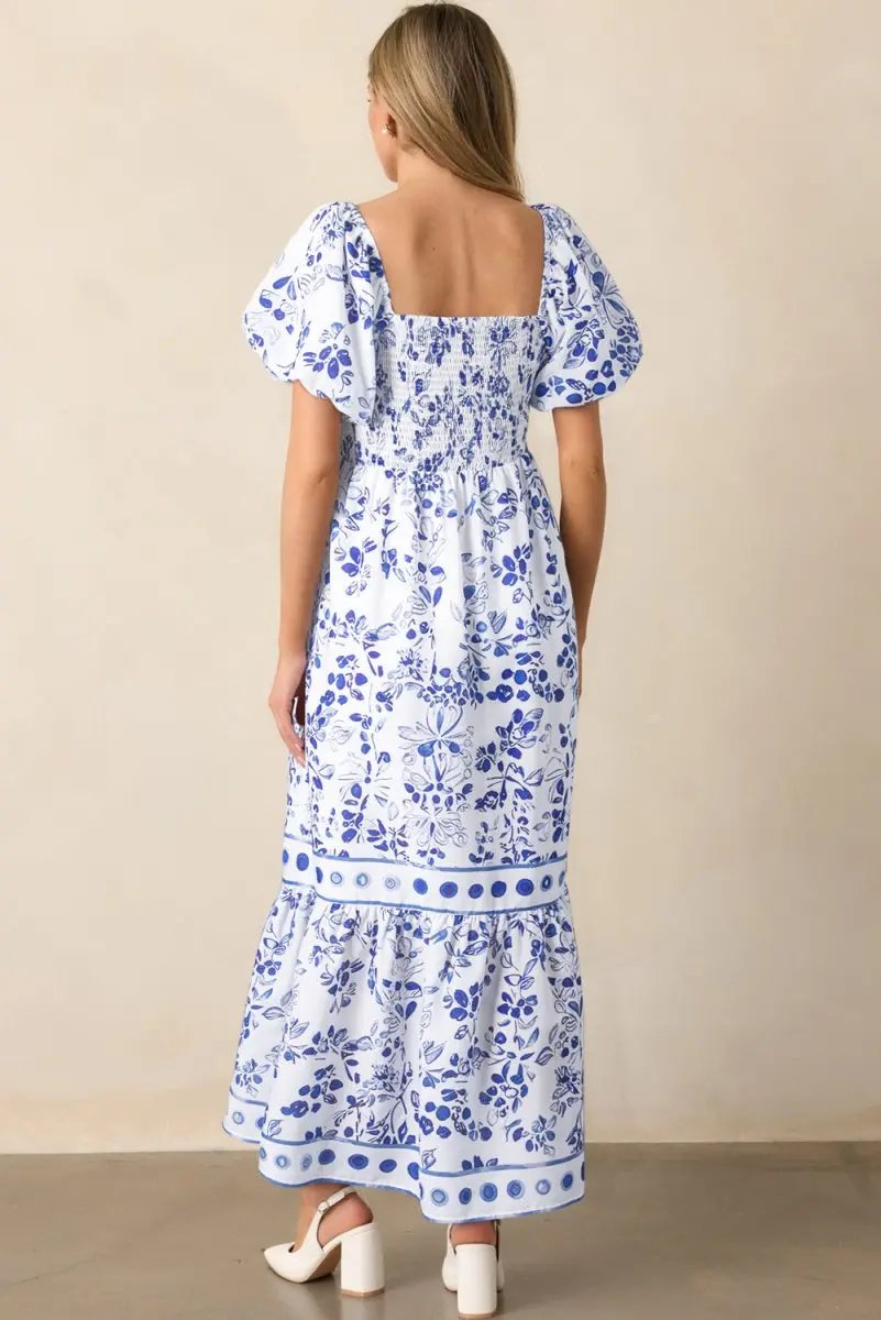 Sky Blue Floral Print Square Neck Bubble Sleeve Dress - Love Salve